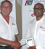 Prof. Ralph Naidoo (right) was awarded the prize of a 1 Tb external hard drive for achieving the best attendance record at the branch technology meetings during 2016.